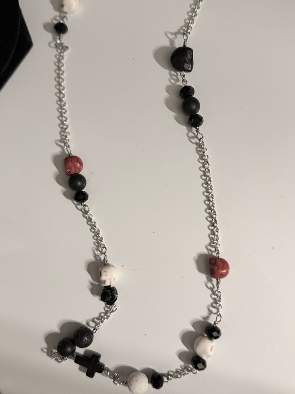 Mixed Bead Cross And Skull Necklace in Black, White & Red